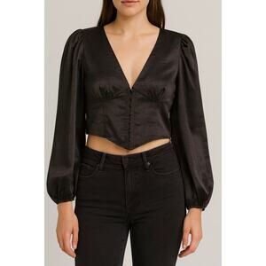 Forever 21 Black Satin Corset Style Long Sleeve Top Size Medium